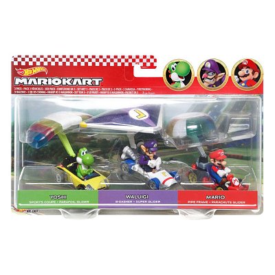 Mario Kart Hot Wheels Diecast Vehicle 3-Pack 1/64 Yoshi, Waluigi, Mario