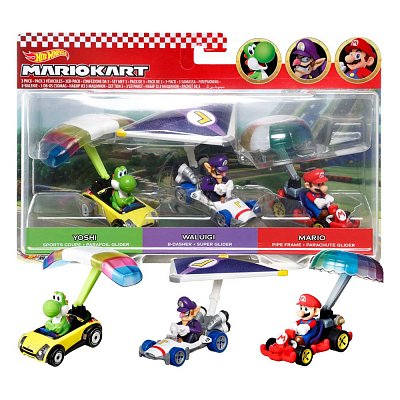 Mario Kart Hot Wheels Diecast Vehicle 3-Pack 1/64 Yoshi, Waluigi, Mario