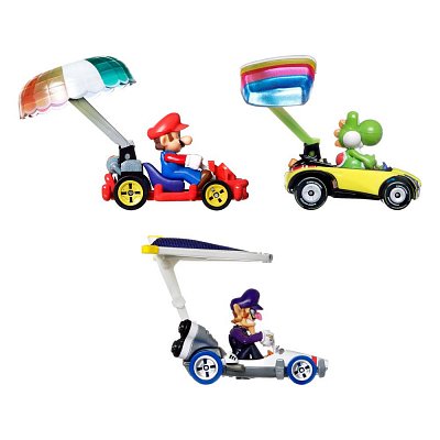 Mario Kart Hot Wheels Diecast Vehicle 3-Pack 1/64 Yoshi, Waluigi, Mario