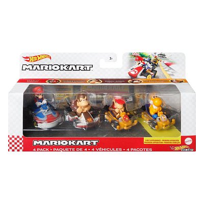 Mario Kart Hot Wheels Diecast Vehicle 4-Pack 1/64 Mario, Donkey Kong, Diddy Kong, Orange Yoshi